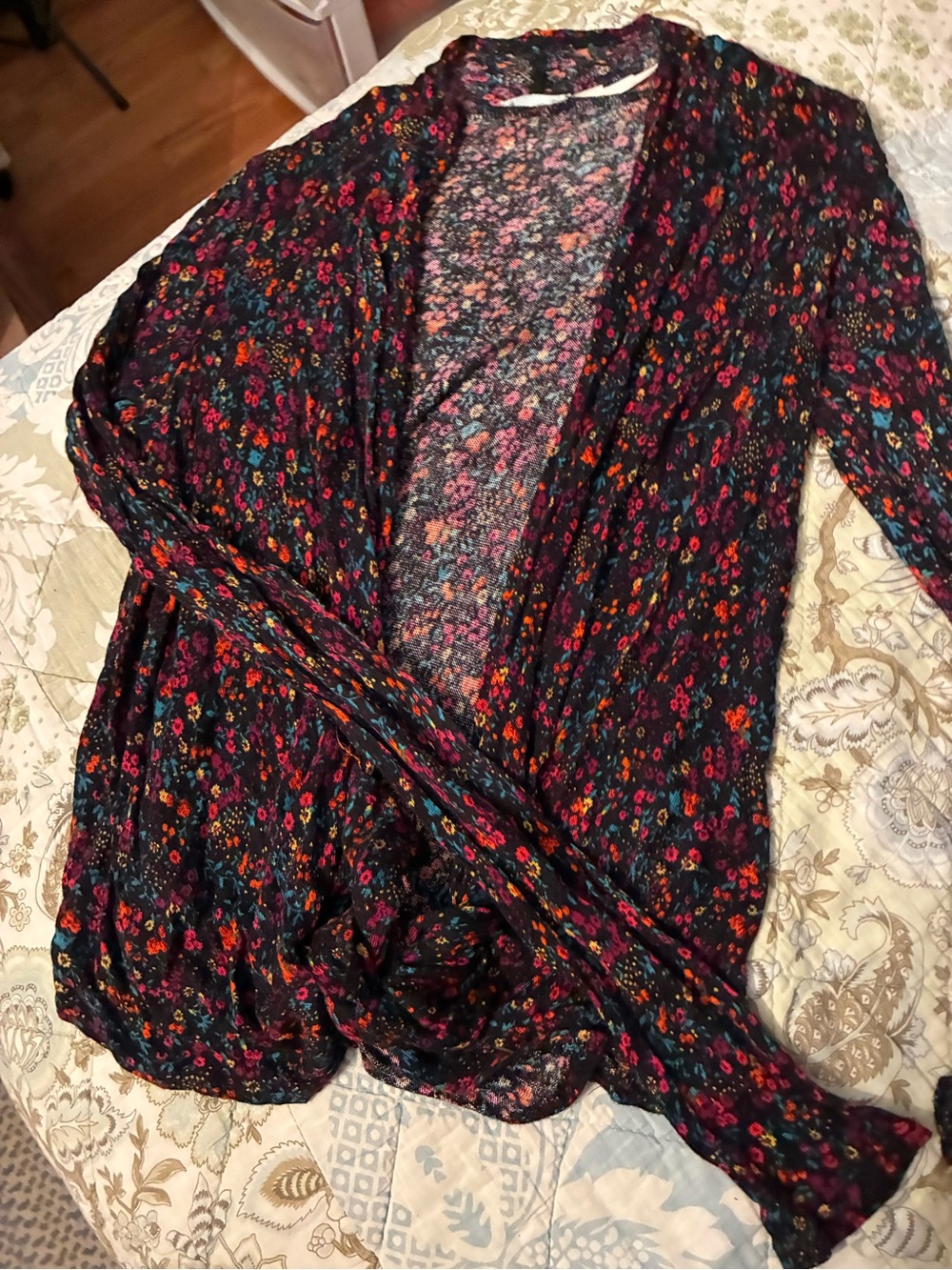 Kimchi Blue Black Floral Open-Front Cardigan with Red & Teal Accents